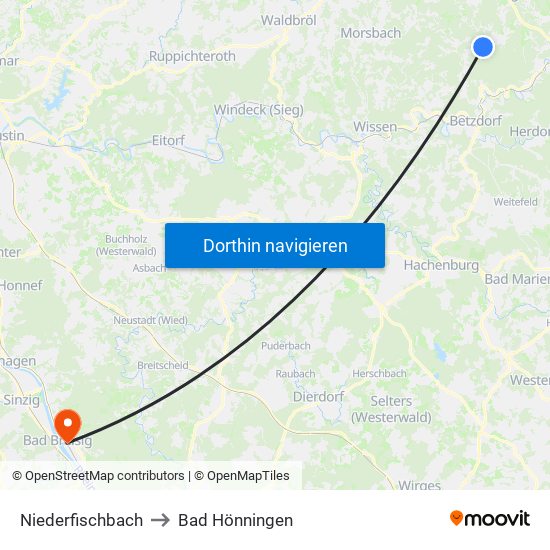 Niederfischbach to Bad Hönningen map
