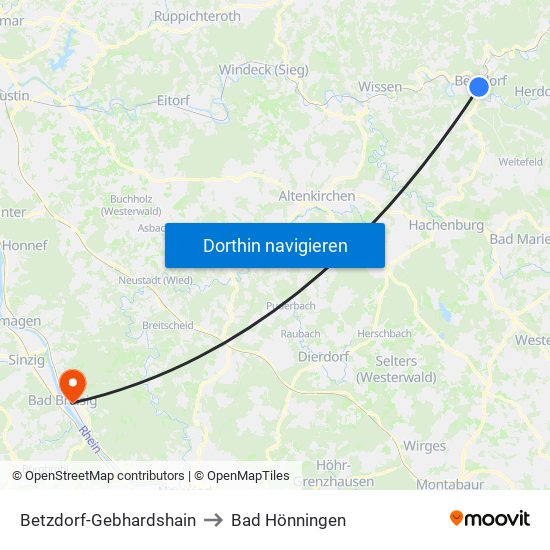 Betzdorf-Gebhardshain to Bad Hönningen map