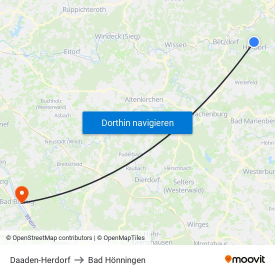 Daaden-Herdorf to Bad Hönningen map