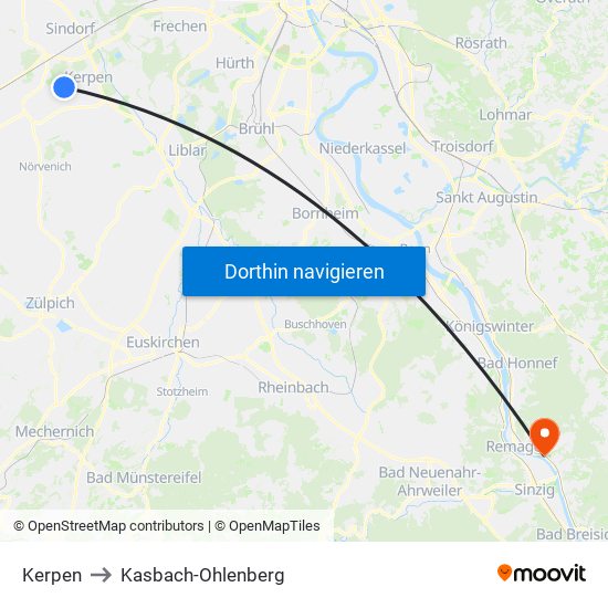 Kerpen to Kasbach-Ohlenberg map