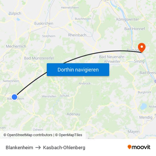 Blankenheim to Kasbach-Ohlenberg map