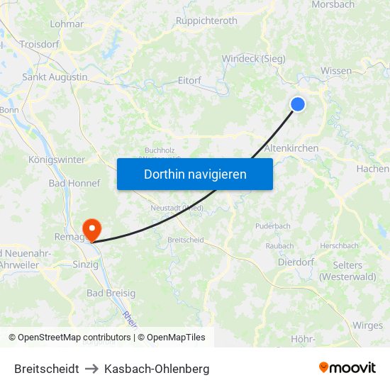 Breitscheidt to Kasbach-Ohlenberg map