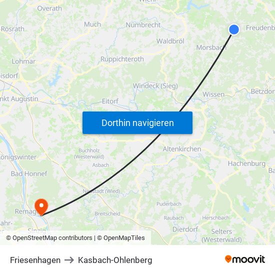 Friesenhagen to Kasbach-Ohlenberg map