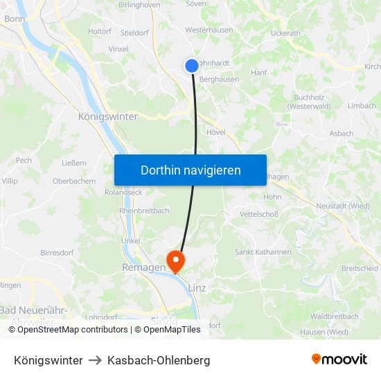 Königswinter to Kasbach-Ohlenberg map