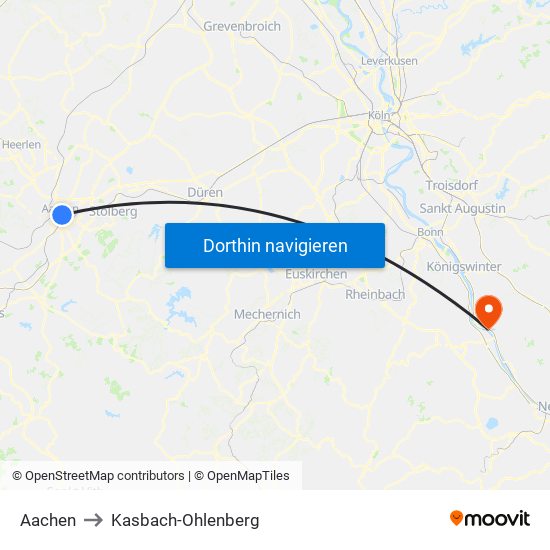 Aachen to Kasbach-Ohlenberg map