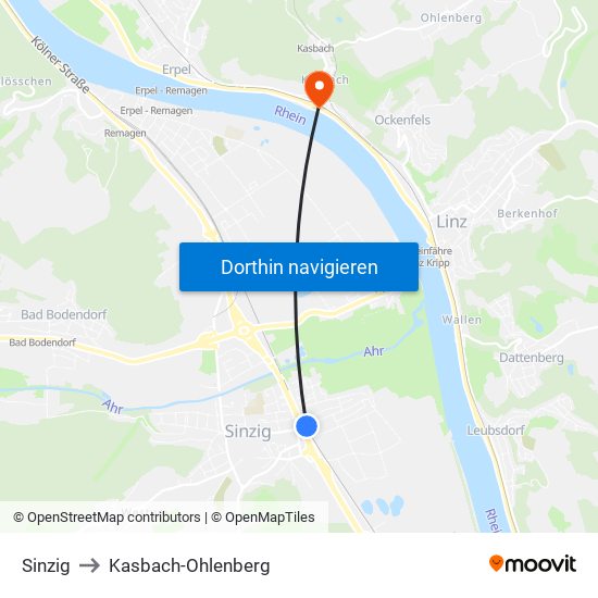 Sinzig to Kasbach-Ohlenberg map