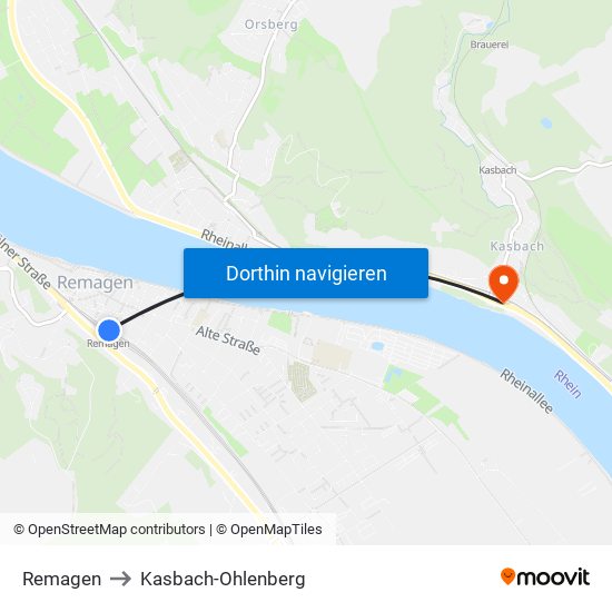 Remagen to Kasbach-Ohlenberg map