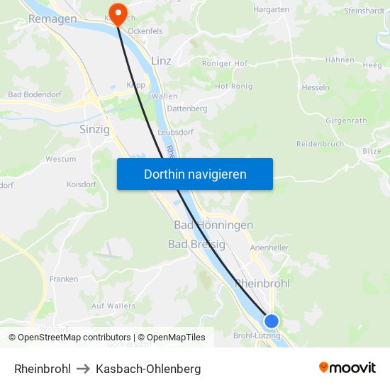 Rheinbrohl to Kasbach-Ohlenberg map