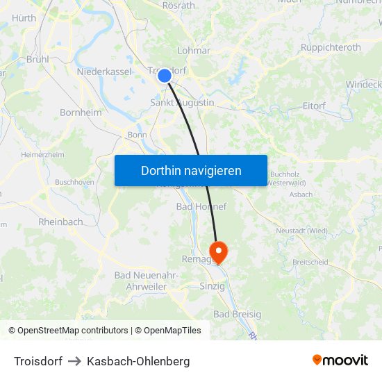 Troisdorf to Kasbach-Ohlenberg map