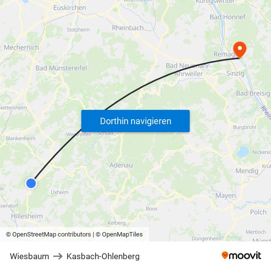 Wiesbaum to Kasbach-Ohlenberg map