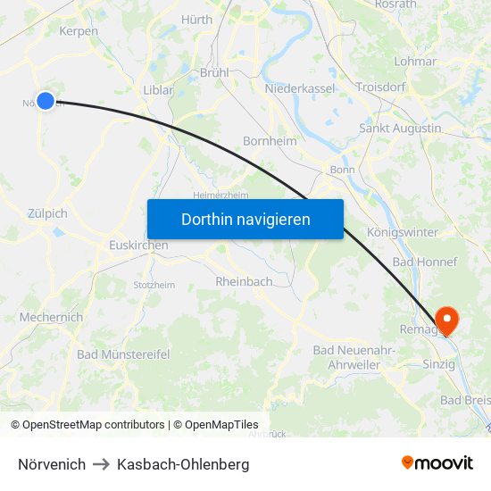 Nörvenich to Kasbach-Ohlenberg map