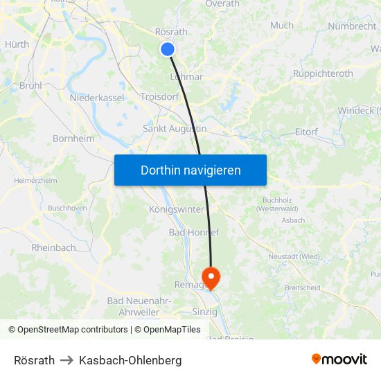 Rösrath to Kasbach-Ohlenberg map