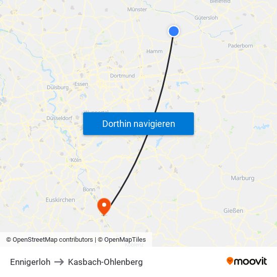 Ennigerloh to Kasbach-Ohlenberg map