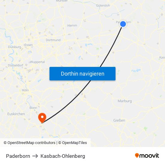 Paderborn to Kasbach-Ohlenberg map