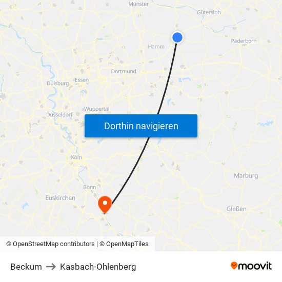 Beckum to Kasbach-Ohlenberg map