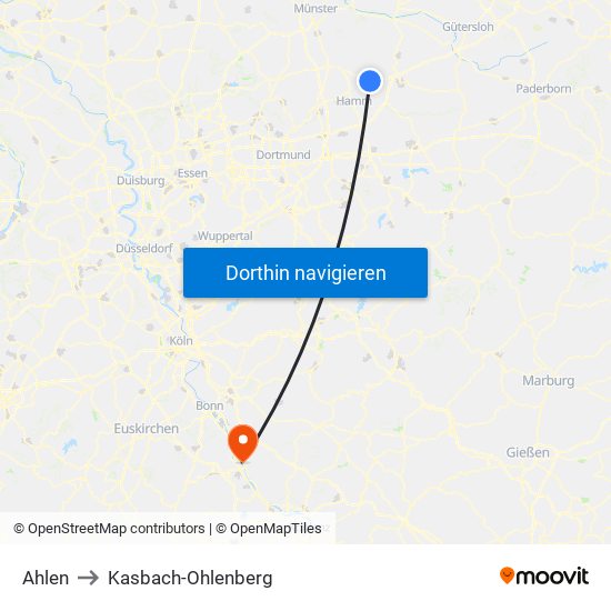 Ahlen to Kasbach-Ohlenberg map