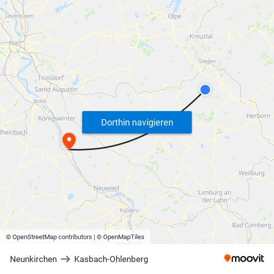 Neunkirchen to Kasbach-Ohlenberg map