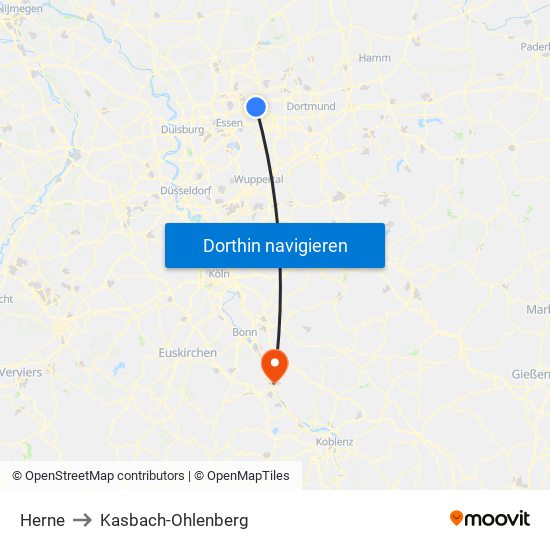 Herne to Kasbach-Ohlenberg map