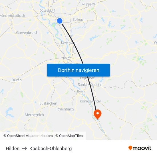 Hilden to Kasbach-Ohlenberg map