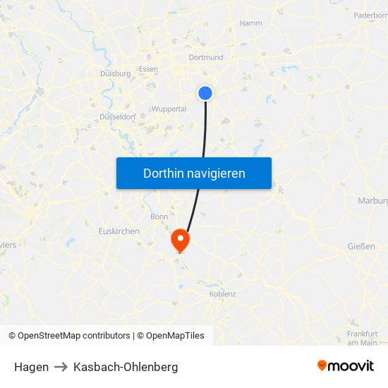 Hagen to Kasbach-Ohlenberg map