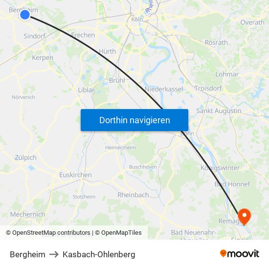 Bergheim to Kasbach-Ohlenberg map