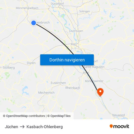 Jüchen to Kasbach-Ohlenberg map