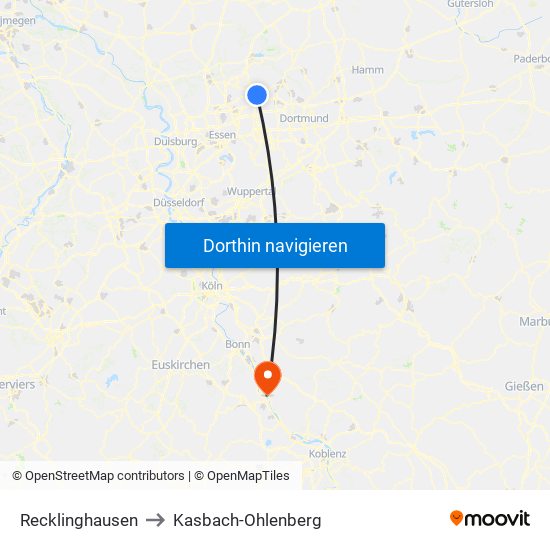 Recklinghausen to Kasbach-Ohlenberg map