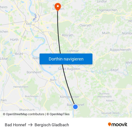 Bad Honnef to Bergisch Gladbach map