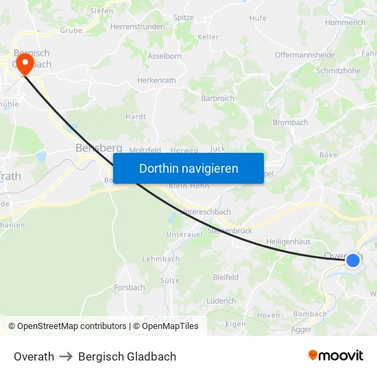 Overath to Bergisch Gladbach map