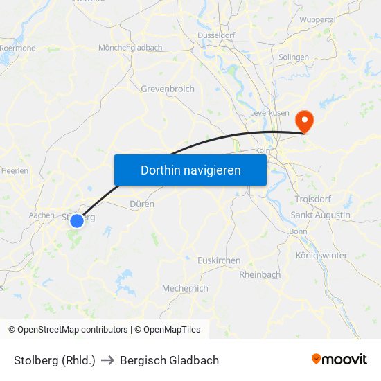 Stolberg (Rhld.) to Bergisch Gladbach map