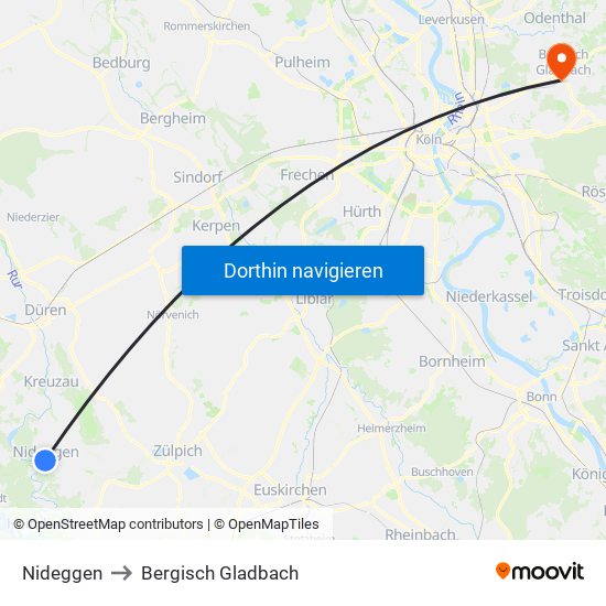 Nideggen to Bergisch Gladbach map