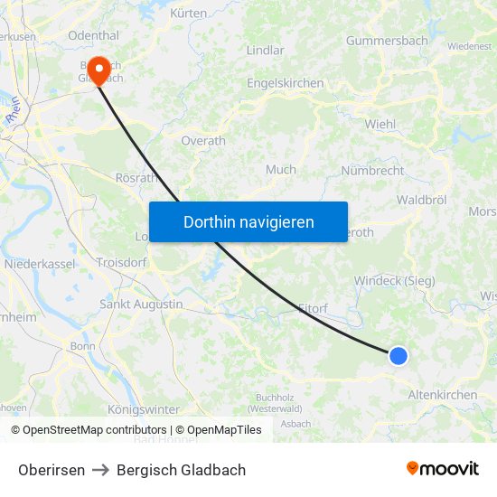 Oberirsen to Bergisch Gladbach map