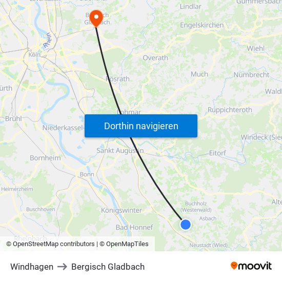 Windhagen to Bergisch Gladbach map