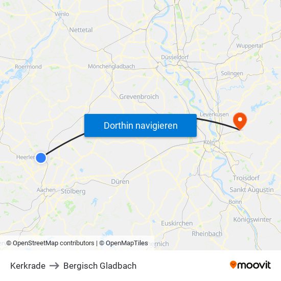 Kerkrade to Bergisch Gladbach map