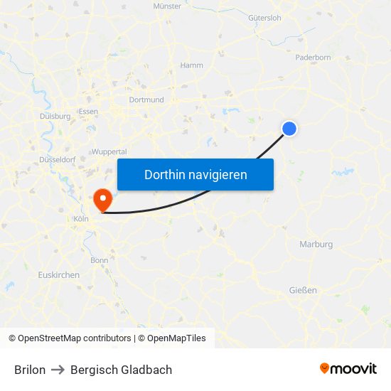 Brilon to Bergisch Gladbach map