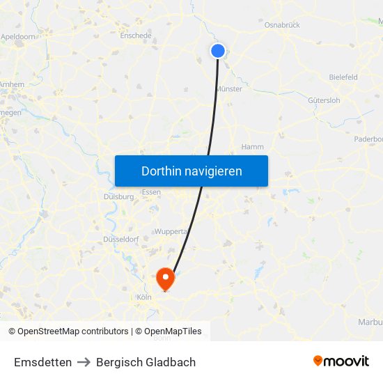 Emsdetten to Bergisch Gladbach map