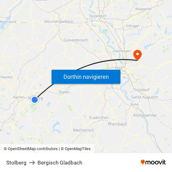 Stolberg to Bergisch Gladbach map