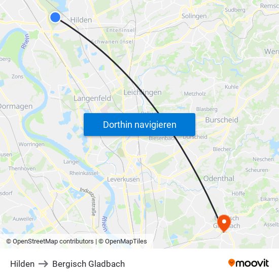 Hilden to Bergisch Gladbach map