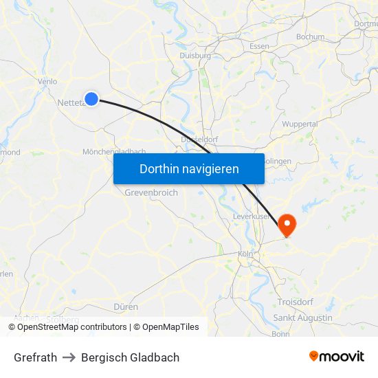 Grefrath to Bergisch Gladbach map