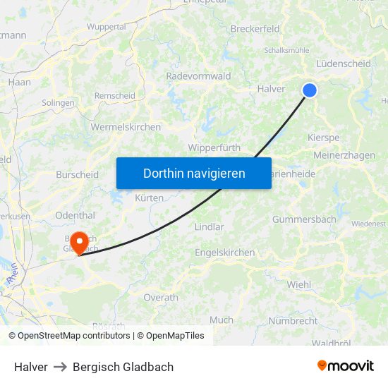 Halver to Bergisch Gladbach map