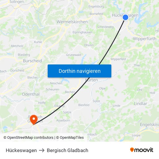Hückeswagen to Bergisch Gladbach map