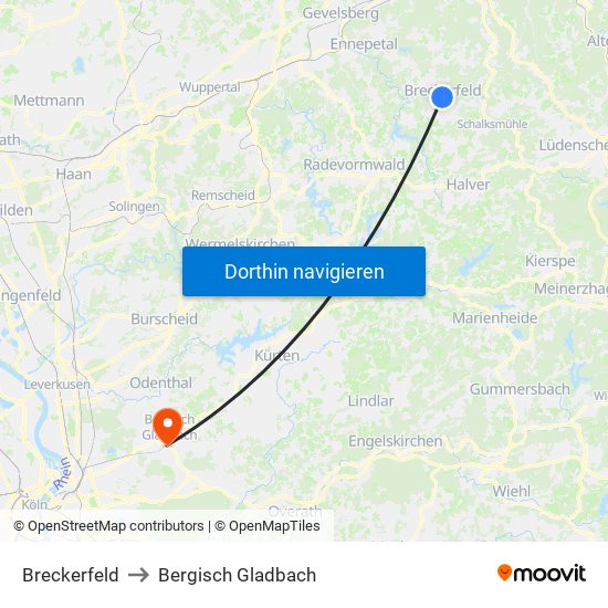 Breckerfeld to Bergisch Gladbach map