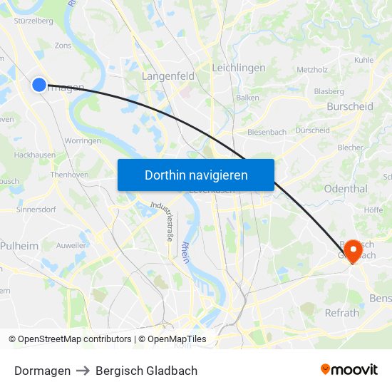 Dormagen to Bergisch Gladbach map