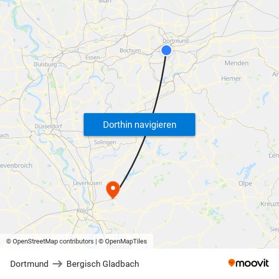 Dortmund to Bergisch Gladbach map