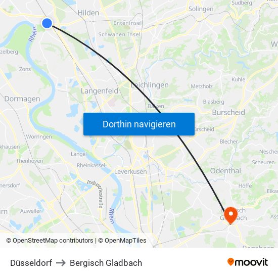 Düsseldorf to Bergisch Gladbach map