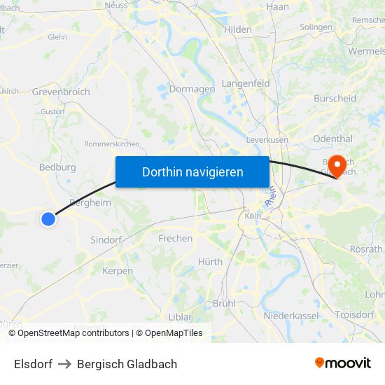 Elsdorf to Bergisch Gladbach map
