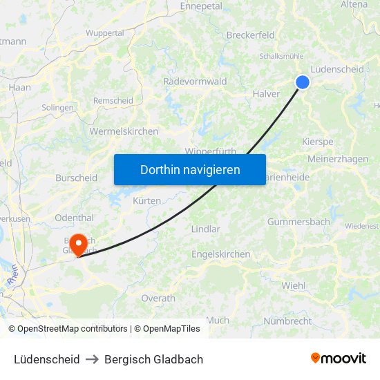 Lüdenscheid to Bergisch Gladbach map