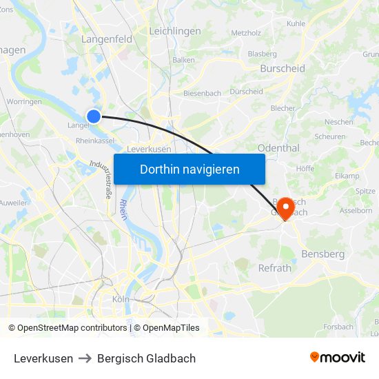 Leverkusen to Bergisch Gladbach map