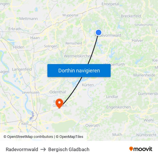 Radevormwald to Bergisch Gladbach map