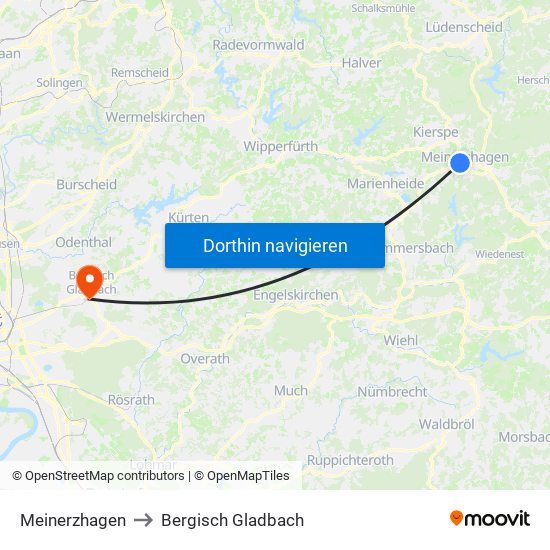 Meinerzhagen to Bergisch Gladbach map